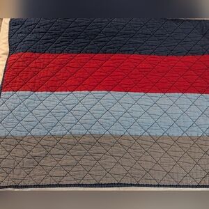 Pottery Barn Kids Quilt  Cotton Block Stripe Navy Blue/Red Twin Size Reversible